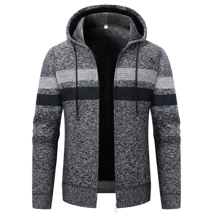 Herren Kapuzen-Strickjacke mit Teddyfutter, Reißverschluss und Kontraststreifen Drune