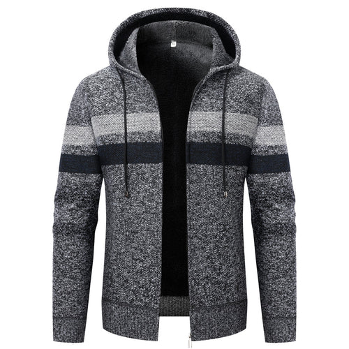 Herren Kapuzen-Strickjacke mit Teddyfutter, Reißverschluss und Kontraststreifen Drune