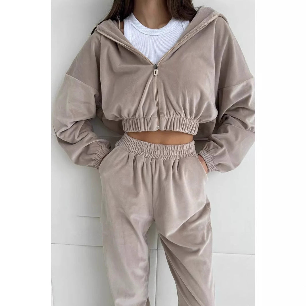 Damen Cropped Samt-Loungewear-Set mit kurzem Reißverschluss, elastischem Taillenbund und weiter Jogginghose Drune