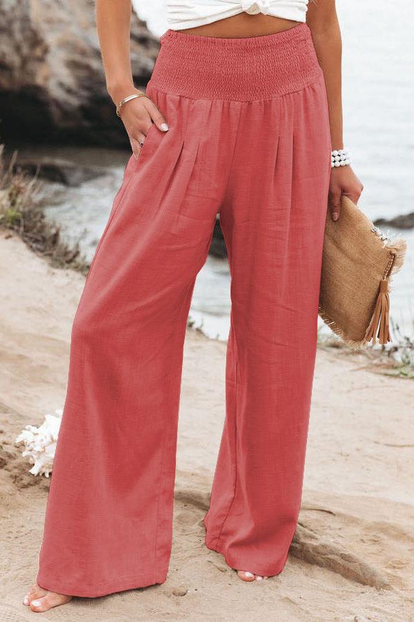 Damen weite Leinenhose mit elastischem Taillenbund und seitlichen Falten Drune