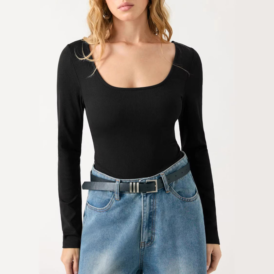 Damen Tailliertes Rippfeinstrick-Longsleeve mit weitem U-Boot-Ausschnitt Drune
