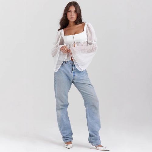 Damen Cropped Bluse mit Puffärmeln Drune