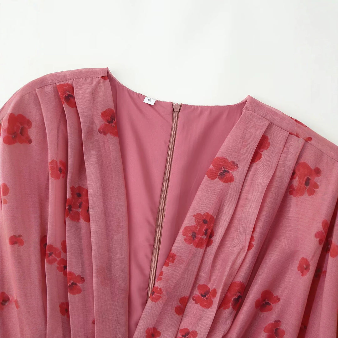 Damen Chiffon-Minikleid mit plissiertem Dekolleté, transparenten Volantärmeln und ausgestelltem Saum Drune