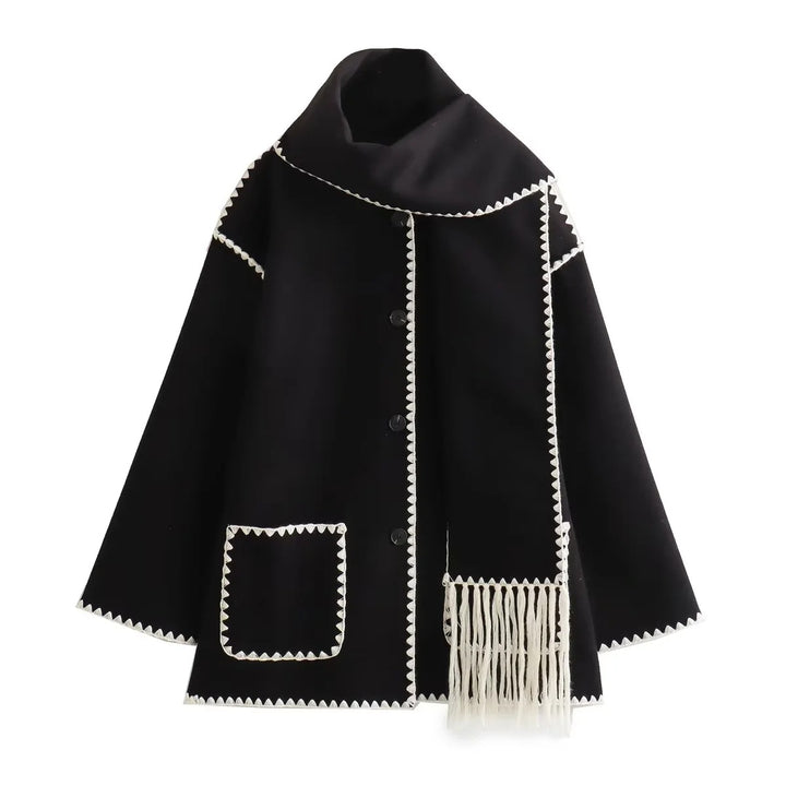 Damen Cape-Mantel mit angesetztem Fransen-Schal und Zier-Zickzacknaht Drune