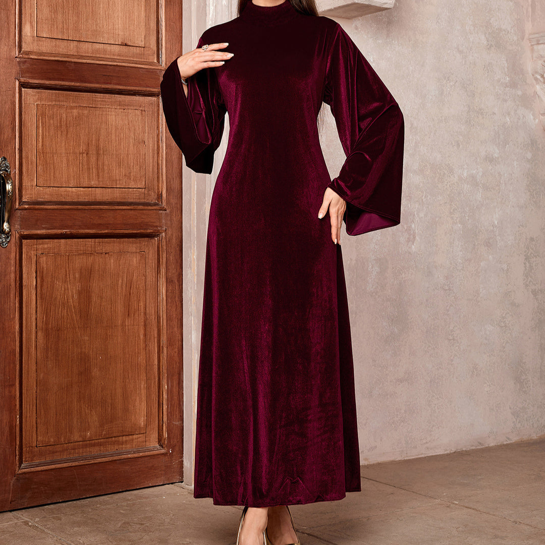 Damen tailliertes Maxikleid aus luxuriösem Samt mit voluminösen Ärmeln Drune