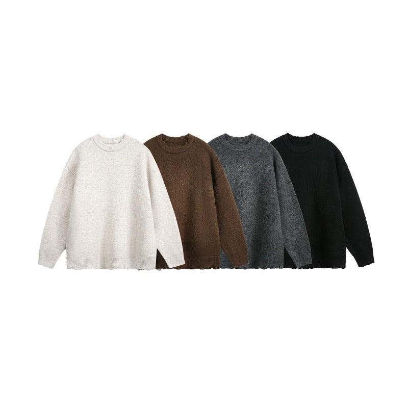 Unisex Oversize Grobstrickpullover mit Rundhalsausschnitt und ausgefranstem Saum Drune