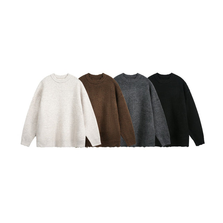 Unisex Oversize Grobstrickpullover mit Rundhalsausschnitt und ausgefranstem Saum Drune