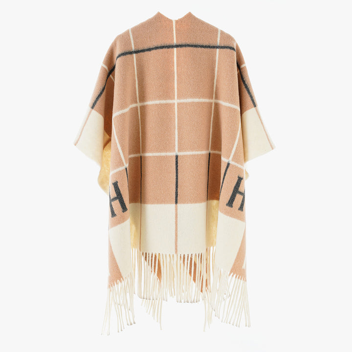 Damen Oversize-Überwurf aus Wollmix mit Monogramm-Karomuster und Fransensaum Drune