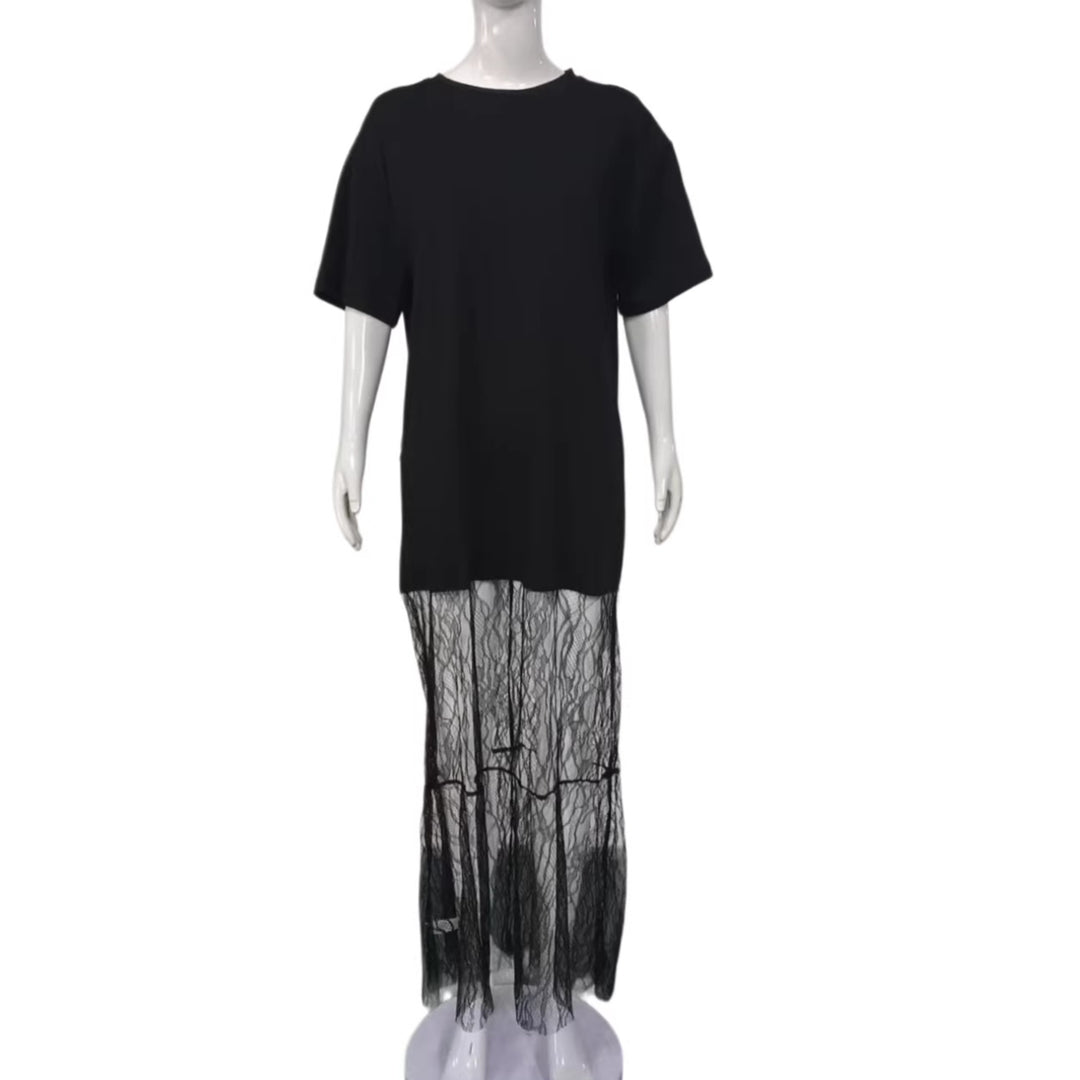 Damen Langes Lagenkleid mit Oversize-T-Shirt-Top und transparentem Spitzenunterrock Drune