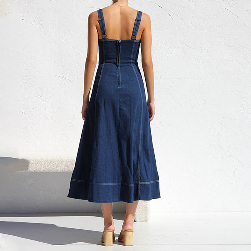 Damen Langes Denim-Kleid mit Knopfleiste und Taschen Drune