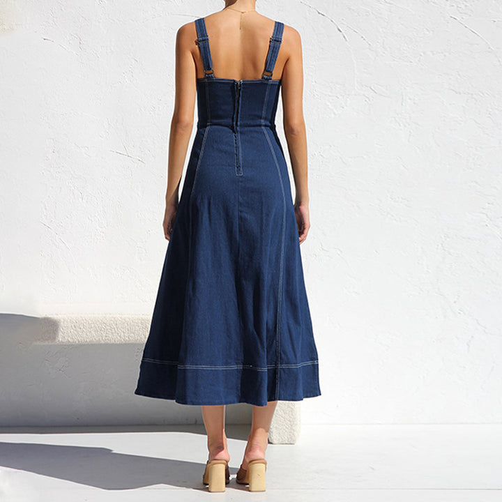 Damen Langes Denim-Kleid mit Knopfleiste und Taschen Drune