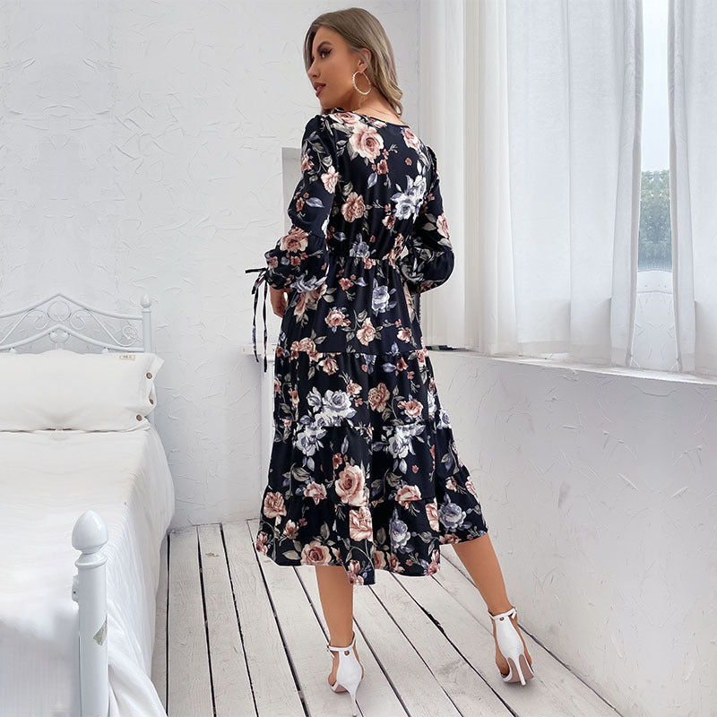 Damen Blumiges Stufen-Midikleid mit Taillenschnürung und Ballonärmeln Drune