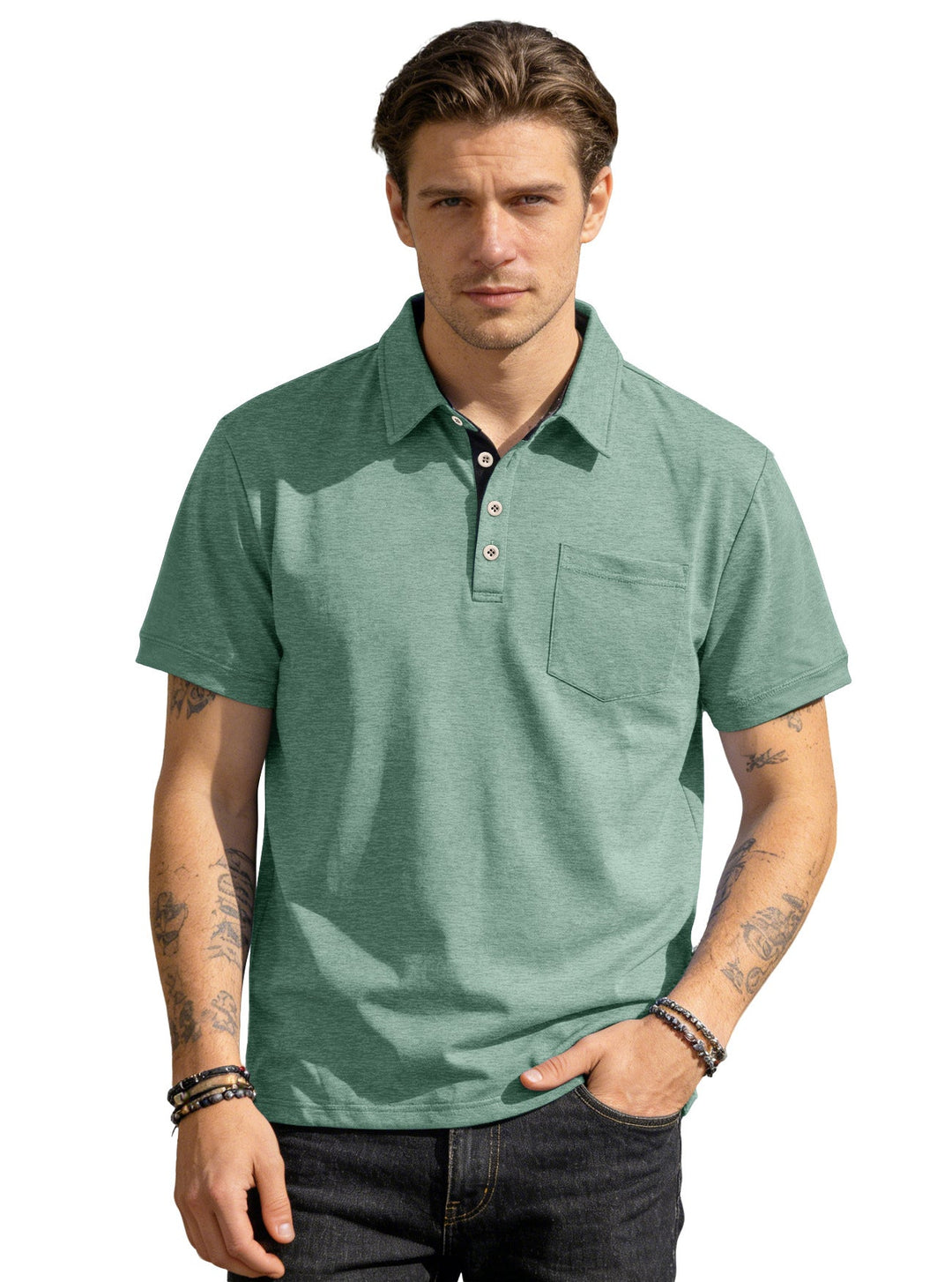 Herren nan Kurzarm-Polokragen-Shirt aus texturiertem Jersey mit Brusttasche und kontrastierter Knopfleiste Drune