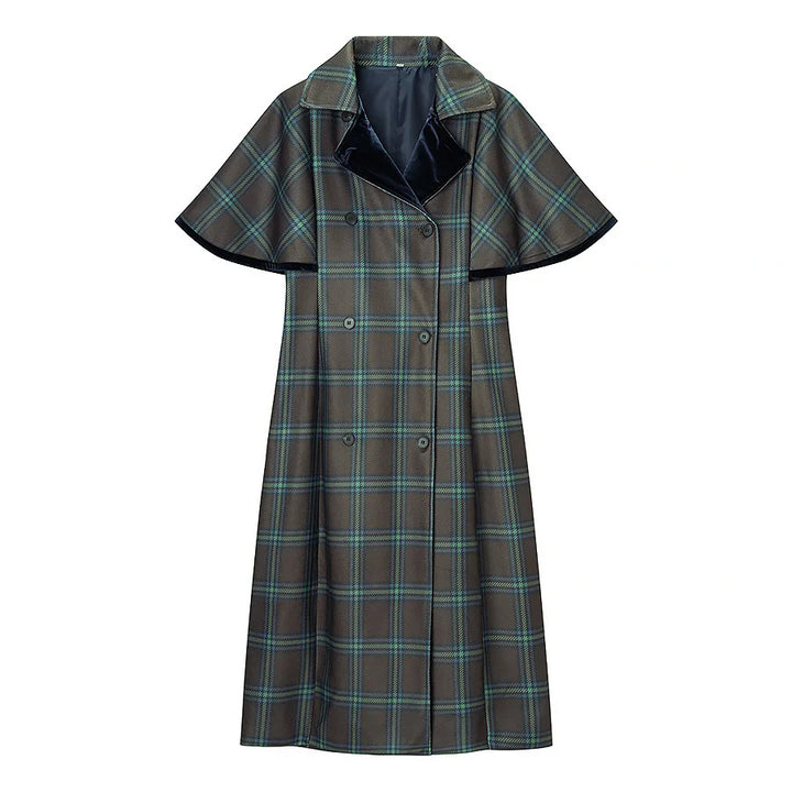 Damen nan langer karierter Cape‑Mantel mit doppellagiger Umhangschulter und Samtkragen Drune