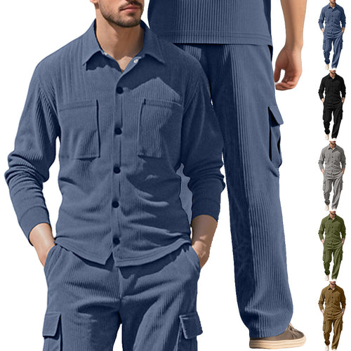 Herren nan geripptes Worker-Hemd mit Brusttaschen und entspannter Cargohose Drune