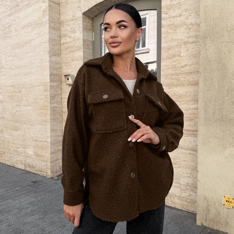 Damen Flauschige Utility-Jacke mit großen Taschen und Knopfdetails Drune