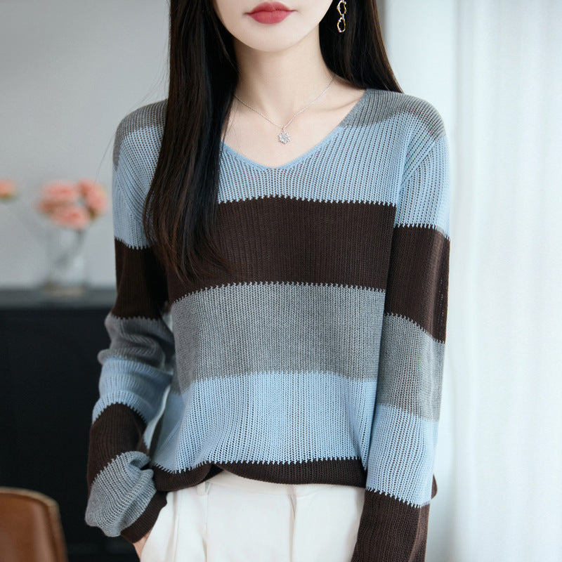 Damen Leichter V-Ausschnitt Feinstrickpullover mit breiten Blockstreifen und entspannter Passform Drune