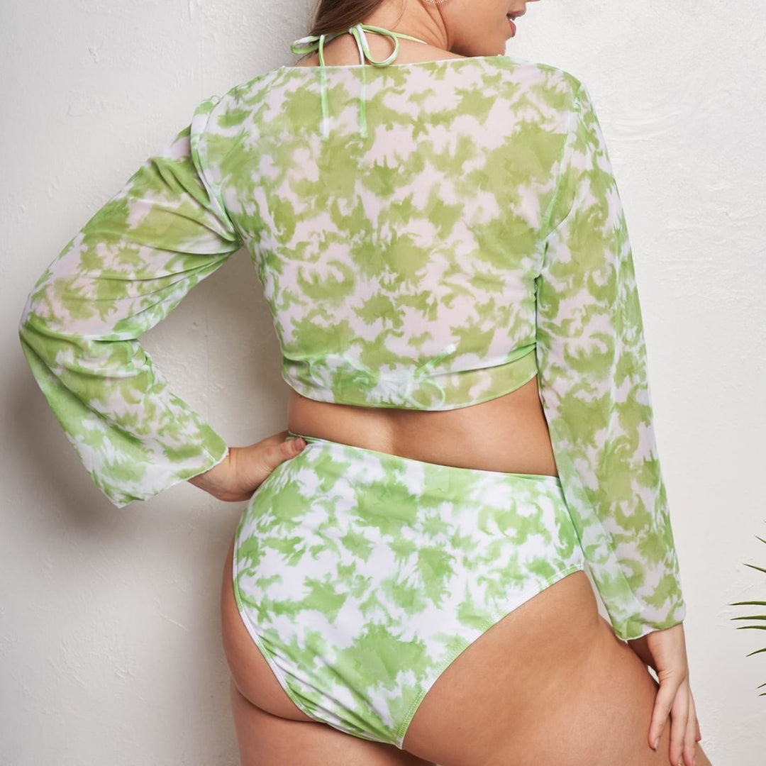 Damen Crop Top Bikini-Set mit langärmligem Oberteil und hochgeschnittenem Höschen Drune
