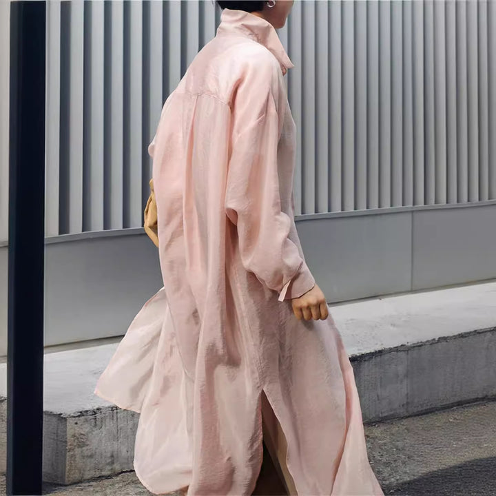 Damen Langer Satin‑Effekt Duster mit Stehkragen, Oversize‑Schnitt und tiefen Seitenschlitzen Drune