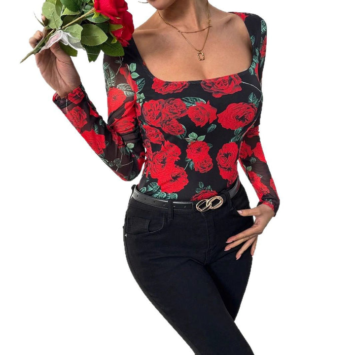 Damen nan figurnahes Stretchshirt mit quadratischem Ausschnitt, feiner Meshstruktur und großflächigem Rosenprint Drune