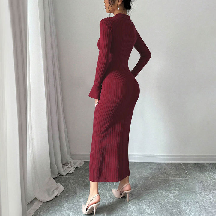 Damen figurbetontes Maxikleid mit Polokragen und Knopfleiste Drune