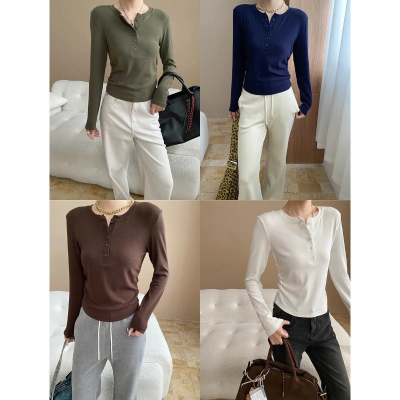 Damen Langarm-Henley-Shirt mit modischen Rippdetails Drune