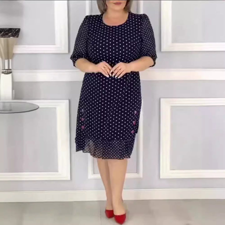 Damen nan Chiffon-Midikleid mit Tupfenmuster, feminine A-Linie und zarter Blumenstickerei Drune