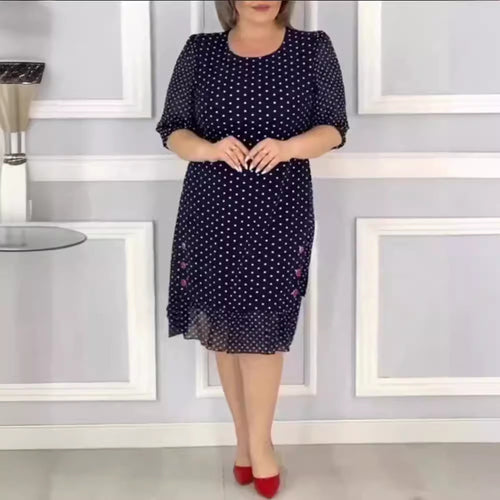 Damen nan Chiffon-Midikleid mit Tupfenmuster, feminine A-Linie und zarter Blumenstickerei Drune