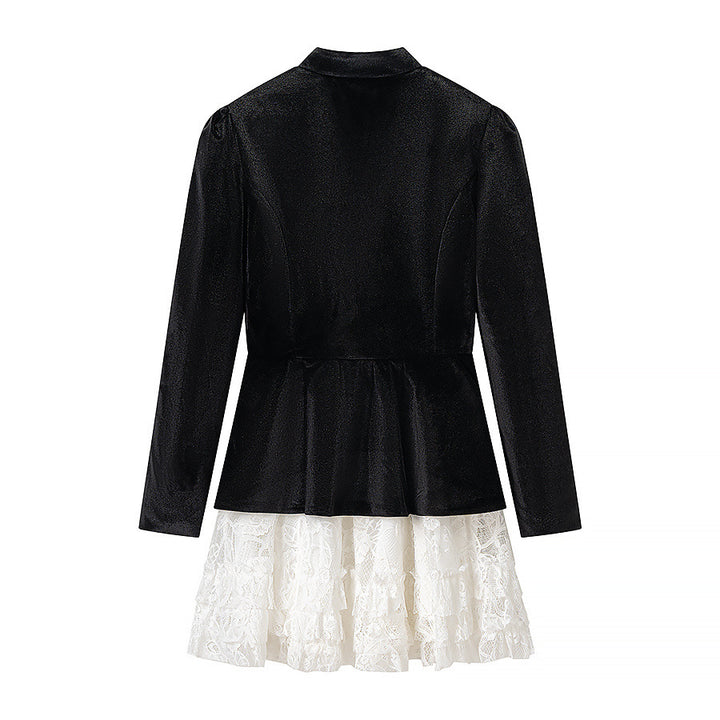 Damen Samt-Minikleid mit Schleifenkragen, Zierknopfleiste und mehrlagigem Spitzenrock Drune