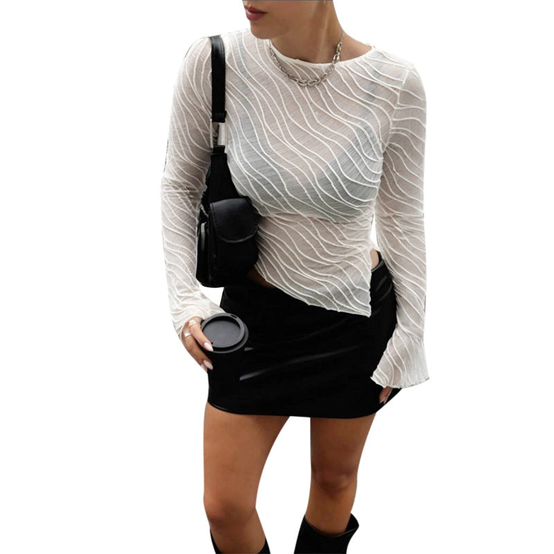 Damen Elegantes Langarm Transparenttop mit strukturiertem Design Drune