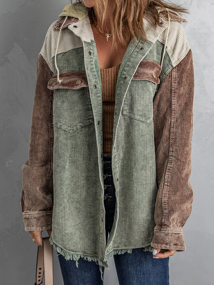 Drune | Jacke mit Kapuze - Oversized Fit - Cord-Textur - Knopfverschluss - Fransenrand