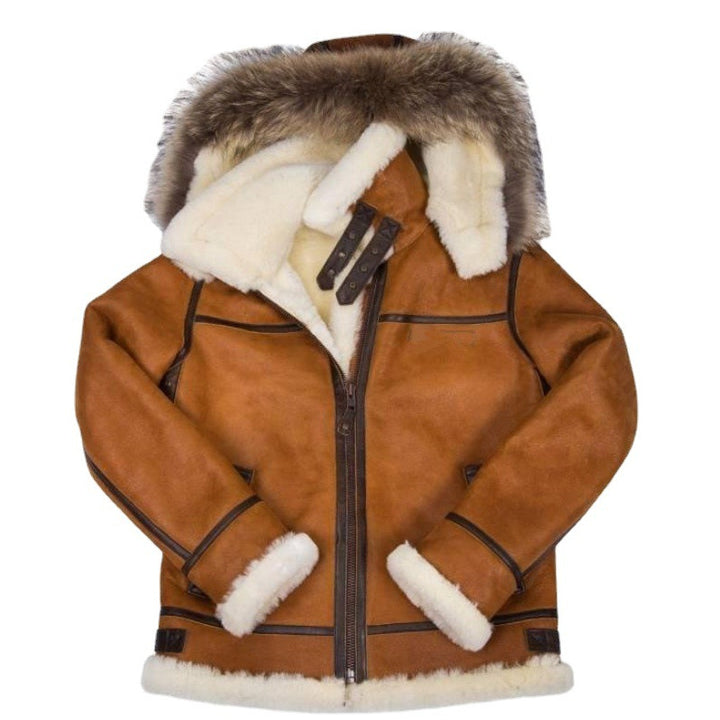 Damen Wildlederoptik Fliegerjacke mit Kunstfellkapuze und Schnallen Drune