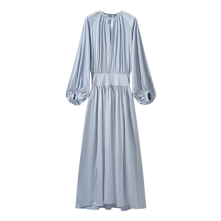 Damen Fließendes Maxikleid mit Ballonärmeln, geraffter Taille und Rundhalsausschnitt Drune