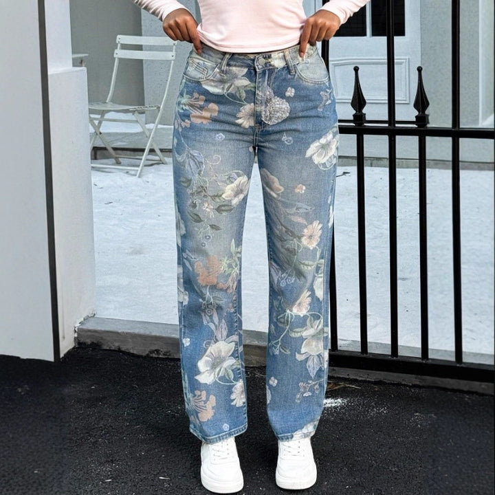 Damen High-Waist Straight-Jeans mit floralem Print und relaxed Fit Drune
