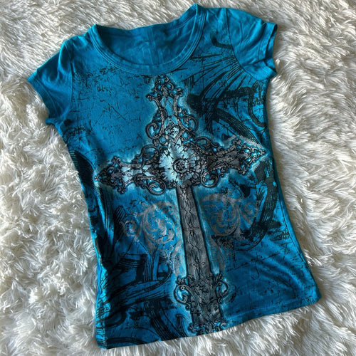 Damen T-Shirt mit grafischem Kreuzdruck und glänzenden Akzenten Drune