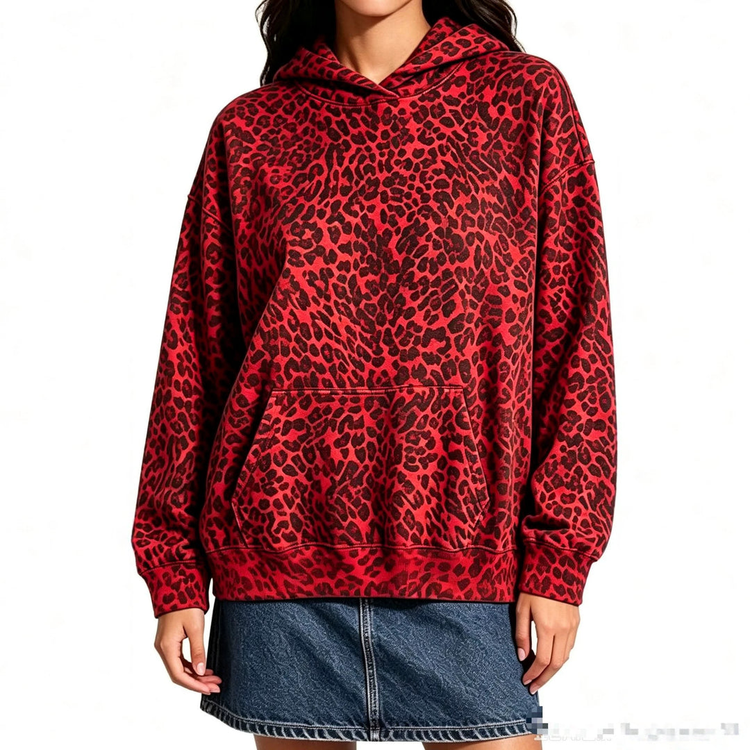 Damen Oversize-Kapuzenpullover mit Leomuster, Kängurutasche und überschnittener Schulter Drune