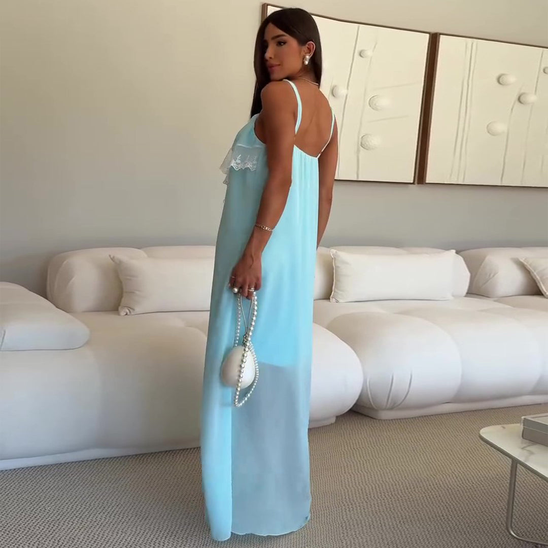 Damen Maxi-Nachtkleid mit zartem Spitzenbesatz und feinen Trägern Drune