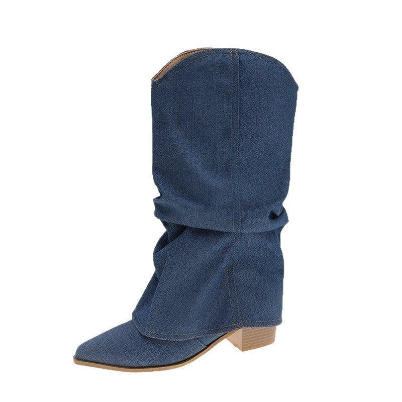 Damen Slouchy Cowboy‑Stiefel aus Denim mit spitzer Zehenform und niedrigem Blockabsatz Drune