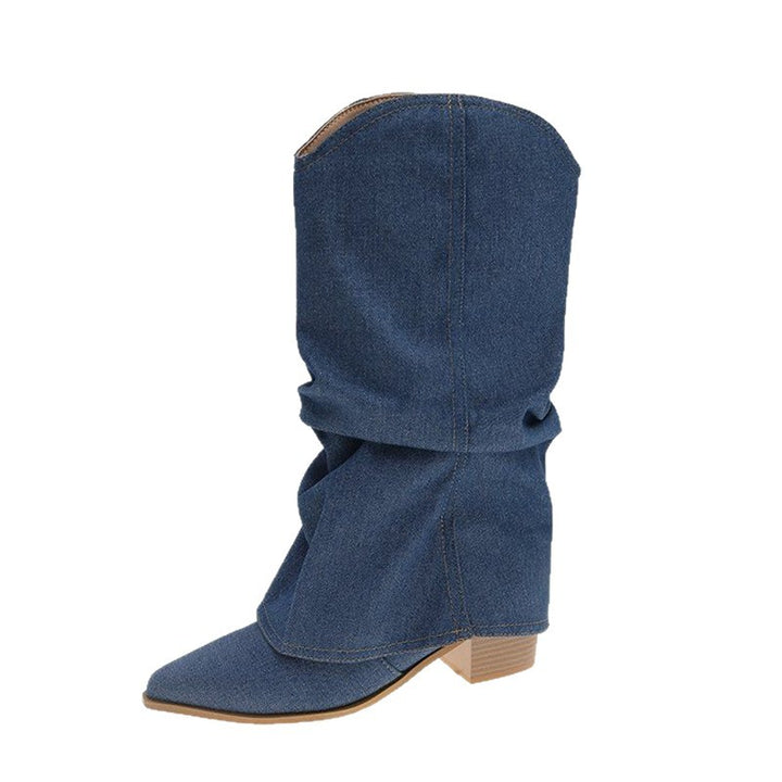 Damen Slouchy Cowboy‑Stiefel aus Denim mit spitzer Zehenform und niedrigem Blockabsatz Drune