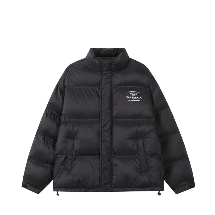 Unisex Kurz geschnittene wattierte Oversize-Jacke mit hohem Stehkragen und Logo-Print Drune