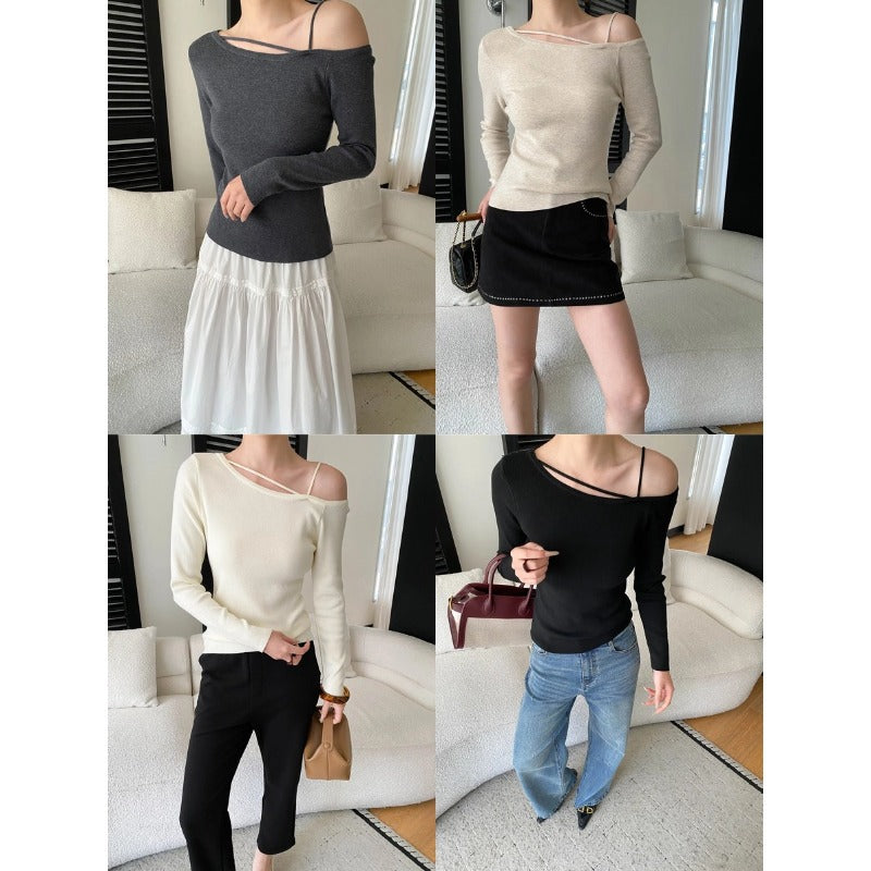Damen elegantes Oberteil mit asymmetrischem Ausschnitt und feinen Rippdetails Drune