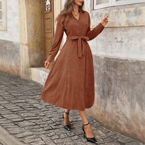 Damen Midi-Kleid mit Taillengürtel und Knopfleiste Drune