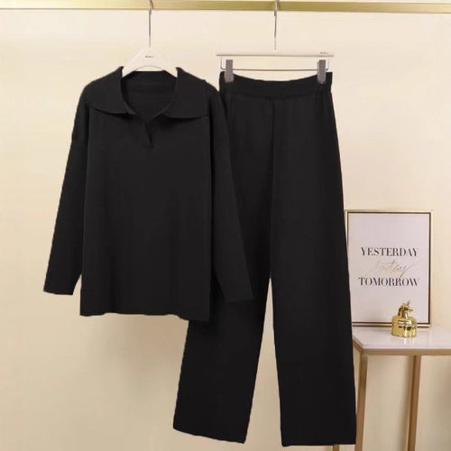 Damen Elegantes Freizeithosen- und Blusen-Set mit Kragen Drune