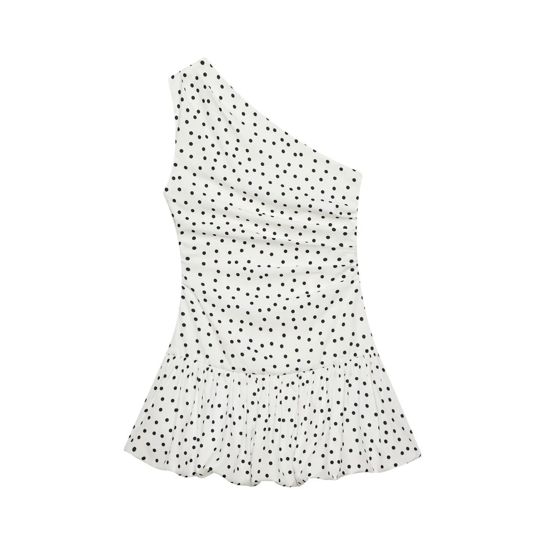 Damen Polka-Dots Minikleid mit asymmetrischem Ausschnitt Drune