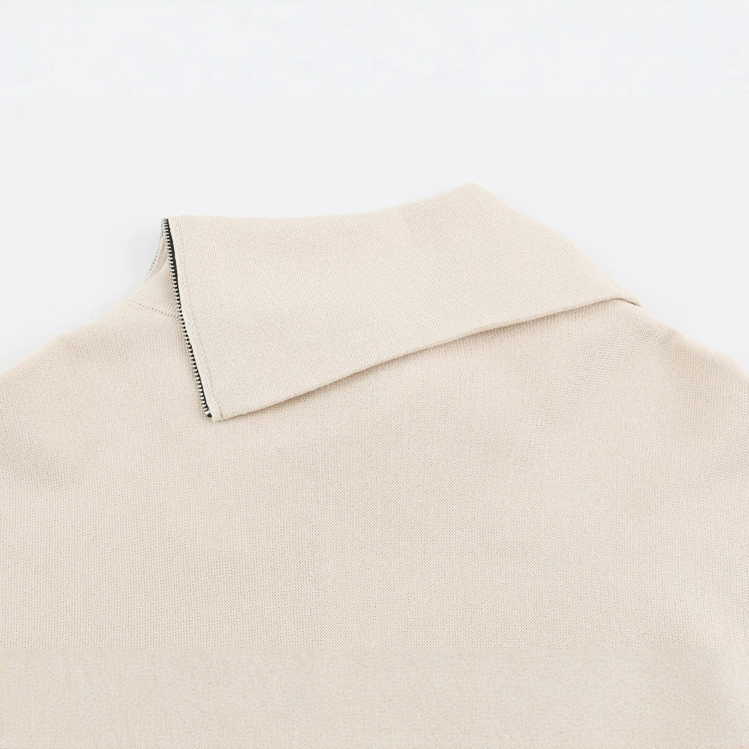 Damen Asymmetrischer Feinstrick-Pullover mit Schalkragen, Schulterreißverschluss und Zipper-Ärmel Drune
