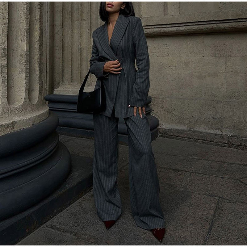 Damen elegantes Zweiteiler-Anzug-Set mit doppelter Knopfverschluss und weitem Bein Drune