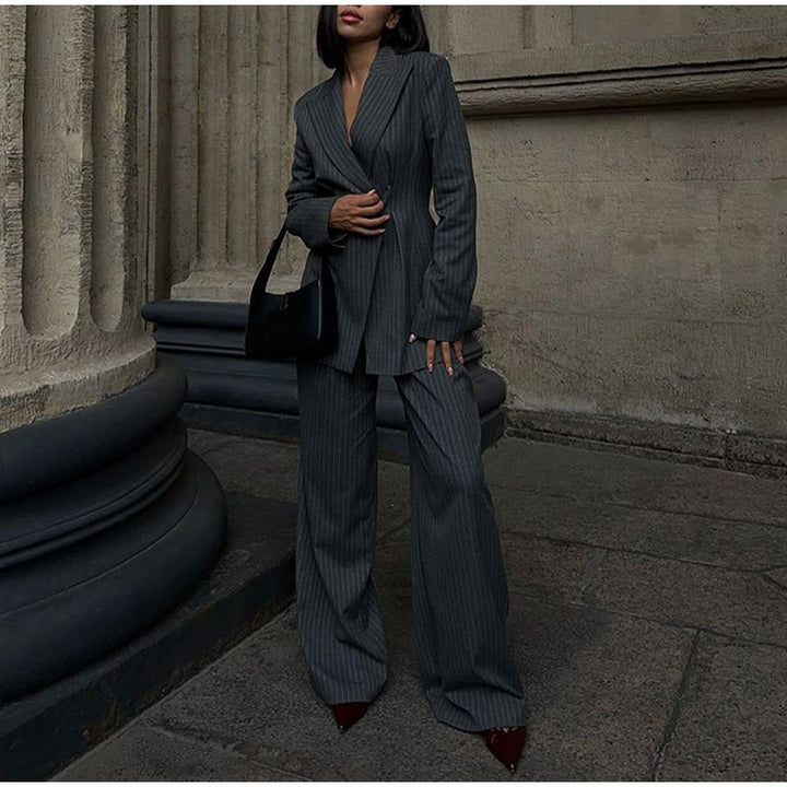 Damen elegantes Zweiteiler-Anzug-Set mit doppelter Knopfverschluss und weitem Bein Drune