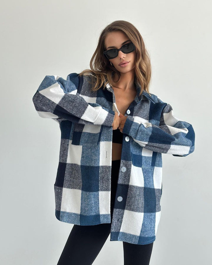Damen Karierter Overshirt im Shacket-Stil mit Saumtaschen und Knopfverschluss Drune