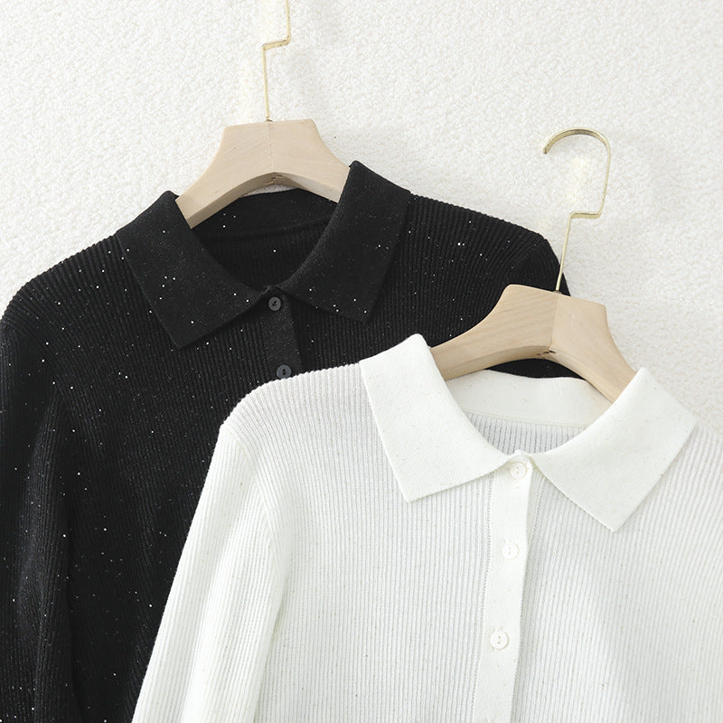 Damen Feinstrick-Cardigan mit Polokragen, Knopfleiste und dezentem Glitzereffekt Drune
