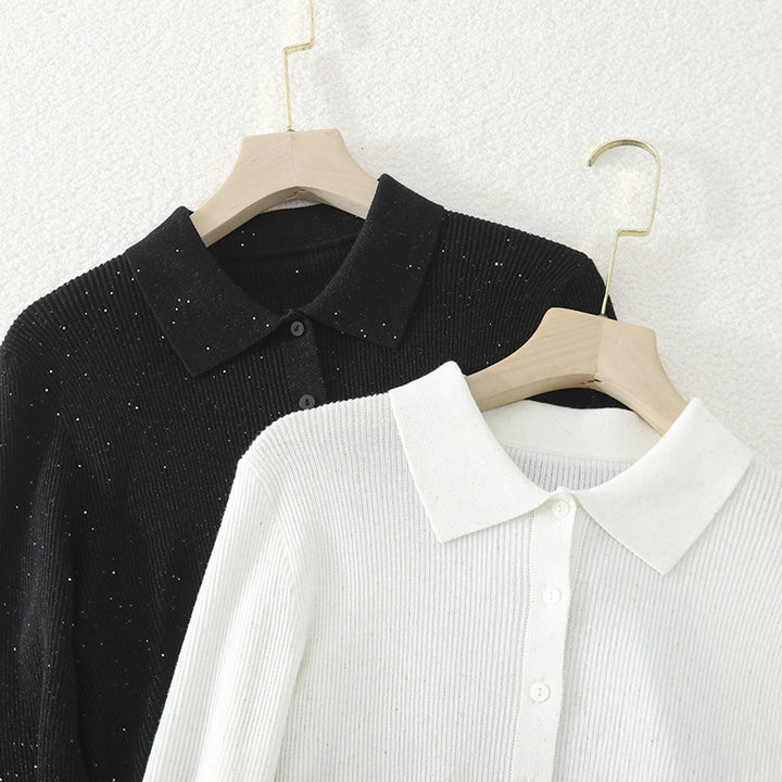 Damen Feinstrick-Cardigan mit Polokragen, Knopfleiste und dezentem Glitzereffekt Drune